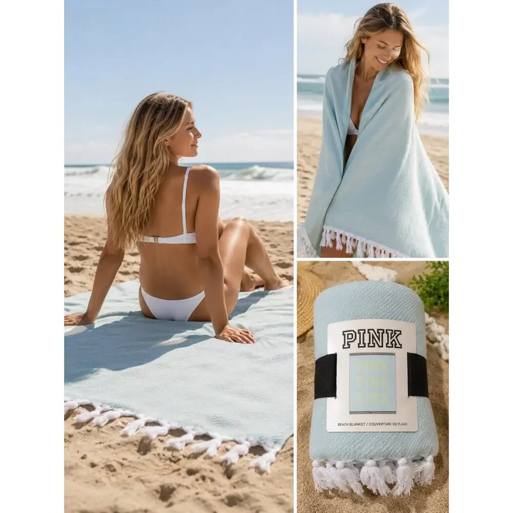 NWT PINK Victoria’s Secret Beach Blanket Tassel Throw Aqua Blue 50x60